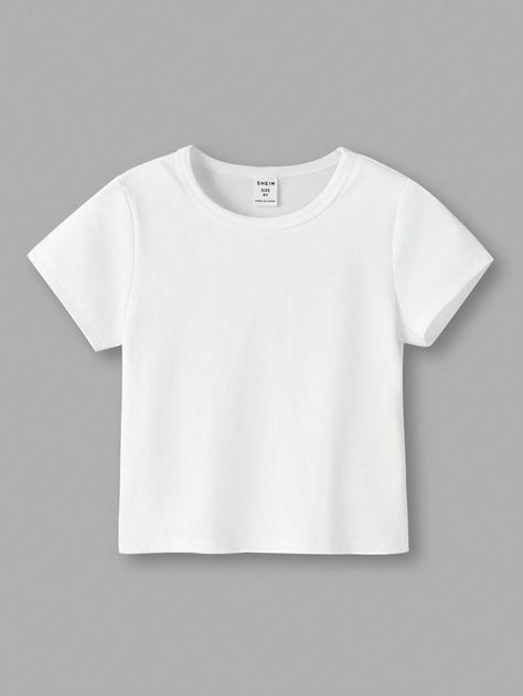 Branco Casual Collar Manga Curta Tecido de malha Simples  Embellished Elasticidade Média White Baby Shirt, Plain White Tshirt, Crop Top Blanco, Cute White Shirts, Plain White Top, White Tshirt Women, White Tshirt Outfit, Girls White Shirt, Shein Kids