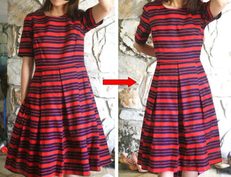 5 minute alterations: tailor a bigger size dress in less than 5 mins. Easy Sew Womens Clothes, How To Alter Dress Too Big, How To Make A Large Dress Smaller, Easy Diy Clothing Alterations, Resize Dress Too Big, Take In Dress Waist Diy, Diy Alterations Clothes, Alter Dress Too Big, Taking In A Dress Diy Simple