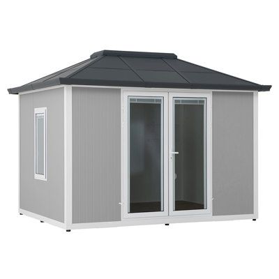 Welcome to a world of timeless elegance and enduring quality - your sanctuary awaits. Transform your backyard into a space of limitless possibilities with the Esquire Beyoud Shed from Sunjoy. This innovative and customizable outdoor room is designed to expand the functional space of your home and garden. Whether you're looking for a garden shed, backyard office, 'she' shed, home fitness studio, or a multipurpose space, the Beyoud Shed has got you covered. Crafted with meticulous attention to det Rustic Charm Decor, Drum Studio, Shed Backyard, Converted Shed, Backyard Office Shed, Patio Floors, Multipurpose Space, Backyard Guest Houses, Accessible Kitchen