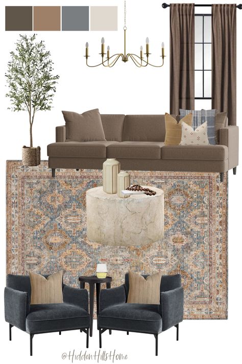 Brown, rust, and blue living room decor mood board Navy Blue And Rust Living Room, Rust Living Room Decor, Room Decor Mood Board, Accent Rugs Living Room, Rust Living Room, Organic Living Room Decor, Blue Accents Living Room, Decor Mood Board, Grey And Brown Living Room