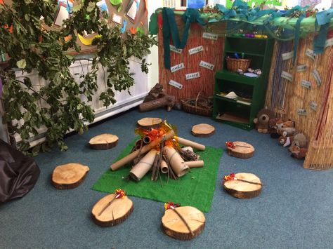 Campsite Role Play, Forest Role Play Area, Treehouse Dramatic Play, Camping Role Play, Eyfs Activities Preschool, Campfire Classroom, Theme Classroom Ideas, Role Play Areas Eyfs, Bonfire Night Activities