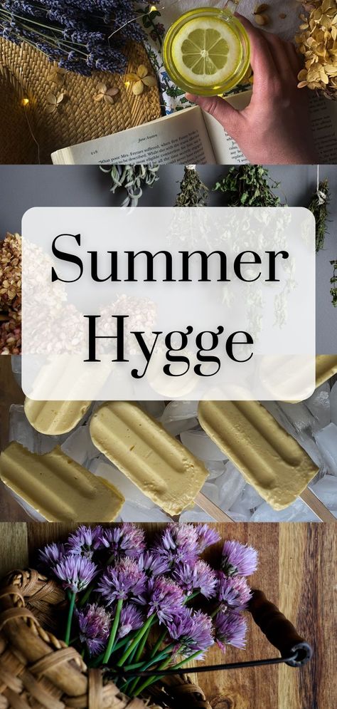 Enjoy a hygge summer this year by enjoying time in the kitchen with the windows open, time in the garden, and slowing down with a good book! Here are all sorts of ideas for you to enjoy this Summer in and out of the home! | Summer Aesthetic | Seasonal Living | Hygge Summertime Hygge In Summer, Slow Living Recipes, Hygge Summer Aesthetic, Slow Living Aesthetic Summer, Slow Summer Aesthetic, Summer Hygge Decor, Summer Hygge Aesthetic, Cozy Summer Aesthetic, Late Summer Aesthetic