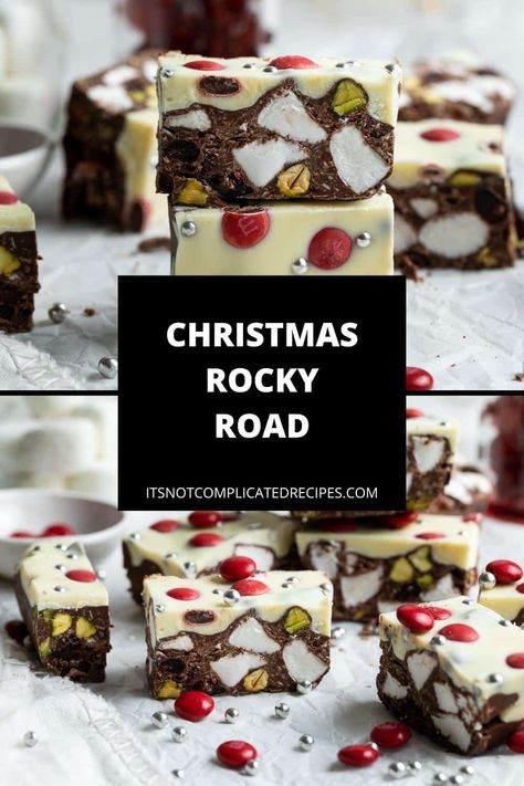 My festive Christmas Rocky Road is an ideal sweet treat or edible gift. This simple to prepare recipe is a favourite no-bake dessert for chocolate lovers. A delicious dark and milk chocolate base is filled with marshmallows, cherries, coconut and pistachios. The slice is topped with creamy white chocolate and decorated for the festive season. Rocky Road Recipe Christmas, Xmas Sweet Treats, Christmas Squares Recipes, Xmas Baked Goods, Xmas Slices, Christmas Sweets Gifts, Christmas Rocky Road Recipe, Christmas Slices, Chocolate Tiffin Recipe