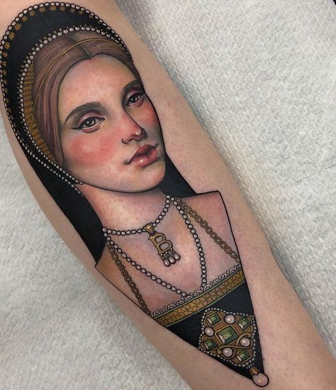 Hannah Flowers on Instagram: “Anne Boleyn for Heather” Anne Boleyn Tattoo, Hannah Flowers, Tom Bagshaw, Hyper Realistic Tattoo, Wives Of Henry Viii, Necklace Tattoo, Single Needle Tattoo, Tudor History, Wars Of The Roses