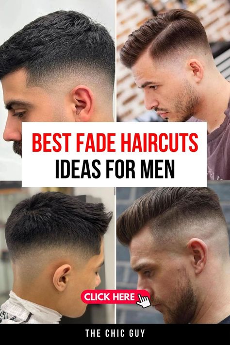 20 Popular Fade Haircuts Every Man Should Try in 2024 Hairstyle Fade Men, Textured Fade Haircut For Men, Mens Hairstyles 2024 Trends, Mid Fade Haircut Mens, Men’s Mid Taper Fade, Best Fade Haircut For Men, Skin Fade Haircut Men, Skin Fade Comb Over, Fade Haircut Men's