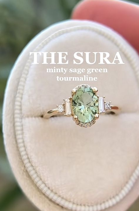 Engagement Rings With Green Stones, Wedding Rings Sage Green, Engagement Rings Gold And Green, Engagement Ring With Green Accents, Green Engagement Ring Gold, Sage Green Engagement Ring, Light Green Engagement Ring, Green Diamond Engagement Ring, Green Engagement Ring