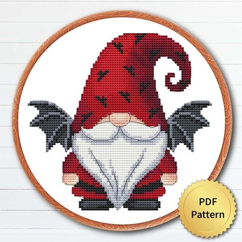 Gnome Cross Stitch Pattern Free, Cross Stitch Pattern Easy, Gnome Cross Stitch, Autumn Cross Stitch Patterns, Unique Cross Stitch, Halloween Gnome, Spooky Gifts, Spooky Designs, Pixel Pattern