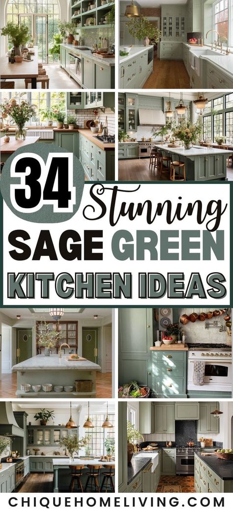 Cozy Kitchen Cottage Green, Kitchen With Sage Cabinets, Sage Cupboards Kitchen, Green Farmhouse Kitchen Wall Colors, Modern Farmhouse Camper Remodel, Green Kitchen Cabinet Inspiration, Grey Kitchen With Green Accents, Green And Quartz Kitchen, Sage Cabinets Backsplash