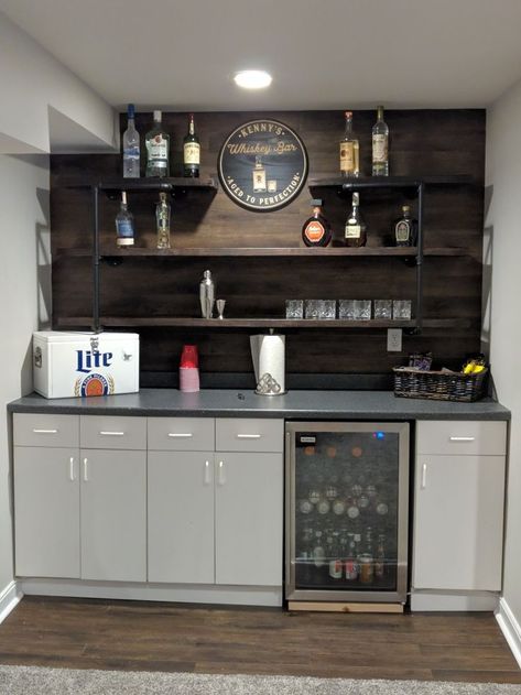 Basement Bar Shelves Ideas, Mens Basement Ideas, Simple Basement Decor, Bourbon Basement Ideas, Home Bar With Floating Shelves, Basement Kegerator Bar, Small Wet Bar Ideas Basement, Basement Bar Designs Rustic, Modern Rustic Basement Bar