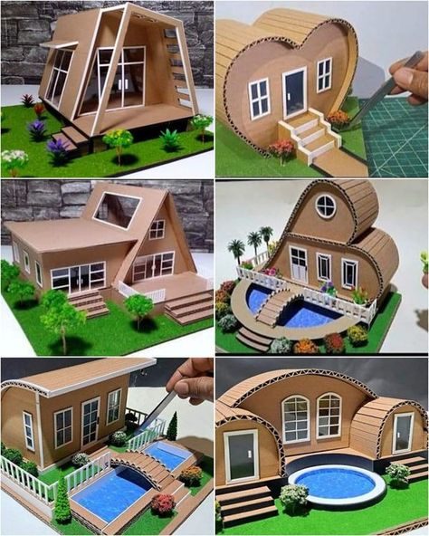 Miniature Houses Diy Cardboard, Miniature School, Cardboard Houses, Fairy House Crafts, Cardboard Toys, Cardboard Box Crafts, Diy Table Decor, Cardboard Sculpture, Paper City