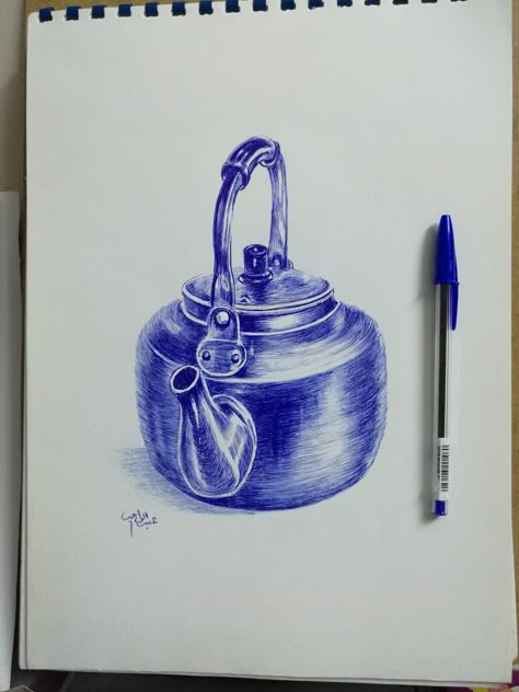 Blue Ball Pen Art, Pen Rendering Sketches, Ball Pen Sketch Simple, Pen Painting Ideas, Blue Pen Drawing, Ball Pen Drawing, Ballpen Drawing, Biro Drawing, Drawing Apple