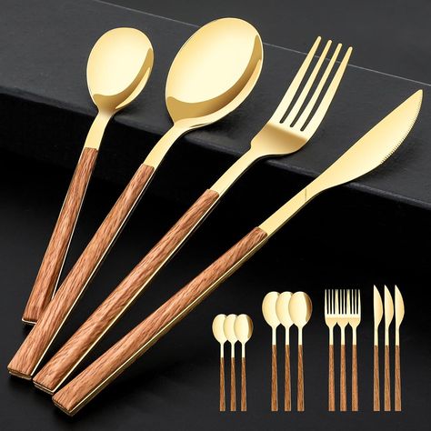 Stainless Steel Flatware Set for 4, Cutlery Utensils Set with Simulated Wooden Handle Include Knives Forks Spoons Service for 4, Mirror Polished and Dishwasher Safe (Gold) Wooden Silverware, Utensils Set, Stainless Steel Cutlery, Forks And Spoons, Stainless Steel Flatware, Dessert Spoons, Clean Dishwasher, Steak Knives, Tableware Set