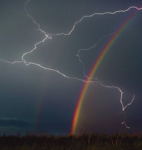 lightning | Tumblr Lightning Photography, Double Rainbow, Rainbow Sky, Dark Clouds, Rainbow Aesthetic, Dark Sky, Nature Aesthetic, Sky Aesthetic, A Rainbow