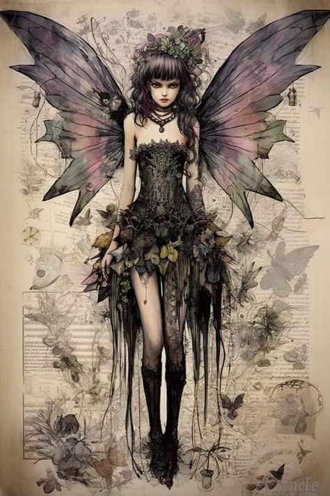 Dark Fairy Character Design, Faeriecore Aesthetic, Crow Fairy, Evil Fairy Tattoo, Dark Fairy Drawing, Dark Fairy Art, Fairy Core Art, Horror Fairy, Zombie Fairy