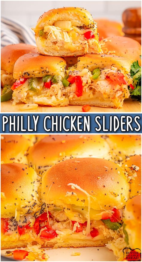 PHILLY CHICKEN SLIDERS - Butter with a Side of Bread Philly Sliders, Chicken Sliders Recipes, Smoked Meatloaf Recipe, Sliders Recipes Chicken, Chicken Philly, Grilled Tilapia, Sauteed Peppers And Onions, Fried Plantains, Homemade Bread Recipes Easy