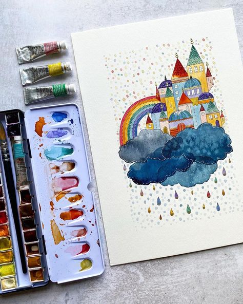 Kate Rebecca Leach в Instagram: «Castle in the clouds: Rainbow edition! 🌈🌈🌈 This colour palette is a bit different for me, I think this would make a lovely print for a kids…» Rainbow Illustration Art, Cute Watercolour Painting, Akvarel Illustration, Wall Illustration, Rainbow Illustration, Rainbow Painting, Rainbow Wall Art, Watercolour Illustration, Watercolor Rainbow