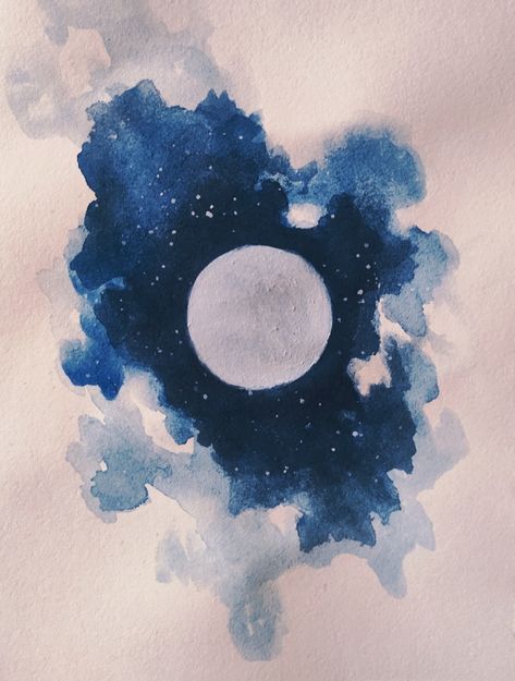 Celestial Watercolor Paintings, Stars Watercolor Painting, How To Paint Night Sky Watercolor, Starry Sky Watercolor, Moon Drawing Watercolor, Watercolour Moon Painting, Night Sky Watercolor Tutorial, Moon Art Watercolor, Night Sky Watercolor Paintings Easy