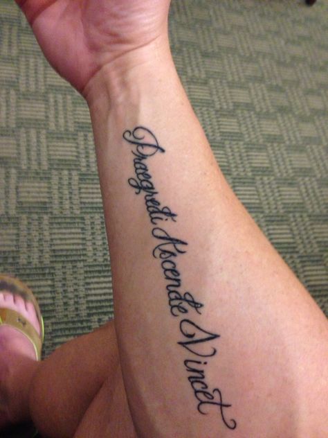 Forearm script tattoo says move ahead, go up, conquer in Latin Latin Tattoo Ideas, Conquer Tattoo, Forearm Script Tattoo, Latin Quote Tattoos, Fear Tattoo, Latin Tattoo, Small Tattoos For Men, Forearm Tattoo Quotes, Tattoo Quotes For Men