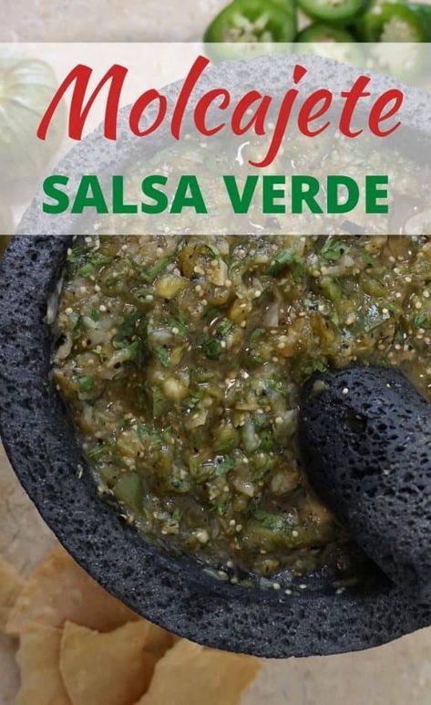 Authentic Salsa Verde, Mocajete Recipe Salsa, Molcajete Mixto Recipe, Molcajete Salsa Recipe, Salsa Molcajete, Molcajete Salsa, Spicy Salsa Verde, Green Salsa Recipe, Mexican Favorites