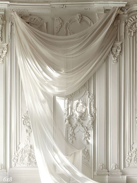 Elegant White Classical Panel Backdrop with Sheer Fabric - Luxurious white backdrop featuring tall Elegant White Curtains, Back Drops For Weddings Receptions, Pearls Backdrop, Wedding Aesthetic Decor, Bridal Mood Board, White Fabric Backdrop, Bridal Background, Elegant Wedding Backdrop, Flow Aesthetic