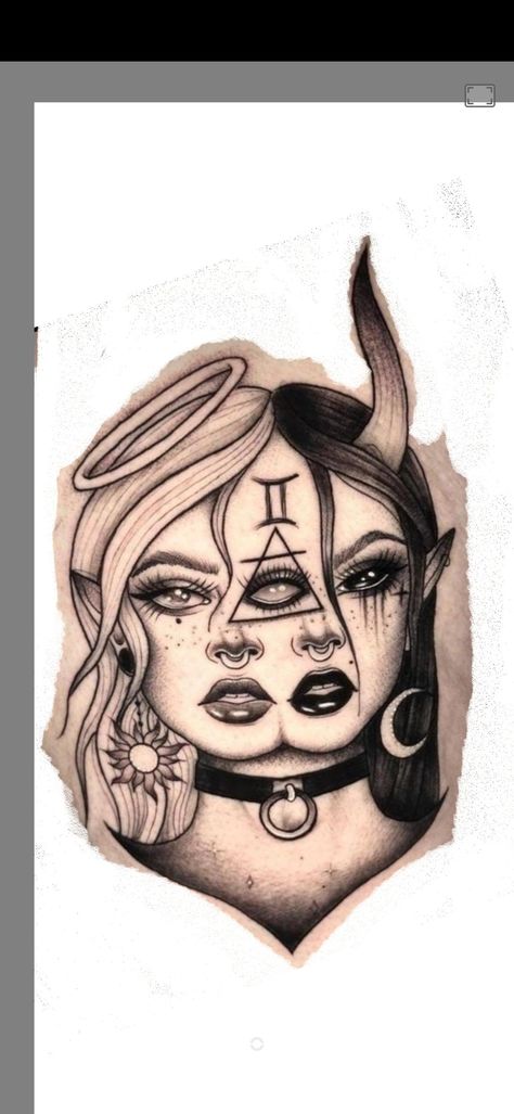 Demonic Female Tattoos, Dark Gemini Tattoo, Gemini Women Tattoo, Succubi Womb Tattoo, Gemini Tattoo Twins, Double Face Drawing, Hand Tattoos For Women Stencils, Gemini Tattoo Ideas Unique, Female Devil Tattoo