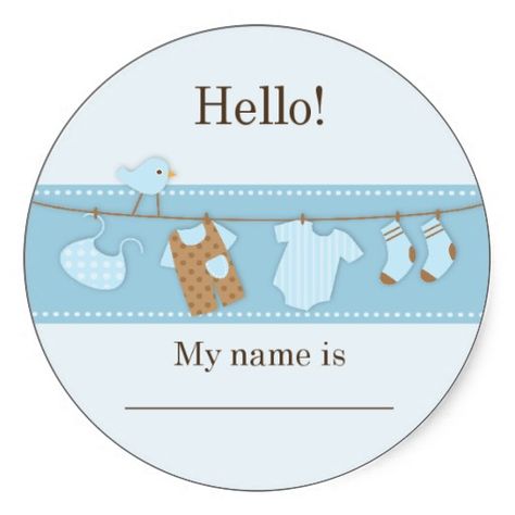 Blue Bird on a Clothesline Baby Shower Name Tag Round Sticker Baby Shower Name Tags, Personalized Baby Shower Favors, Giveaway Gifts, Baby Shower Tags, Felt Crafts Christmas, Personalized Baby Shower, Baby Boy Names, Boy Shower, Clothes Line