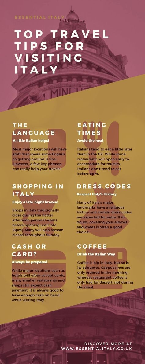 An Essential Italy infographic about the top travel tips for visiting Italy Italy Infographic, Packing Outfits, Honeymoon Italy, Tipping In Italy, Italy Cruise, Speaking Italian, Italy Guide, Italy Tips, Italy Girl