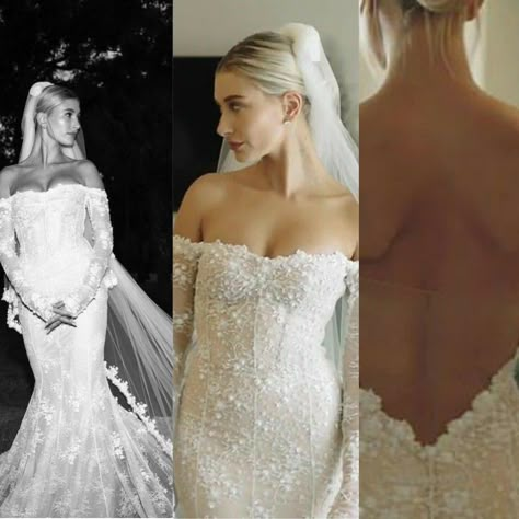 Bailey Bieber Wedding Dress, Haley Bieber Wedding Dress, Classy Wedding Dress Long Sleeve, Wedding Dress Hailey Bieber, Hailey Bieber Wedding Dress, Lace Strapless Wedding Dress, Bieber Wedding, Celebrity Wedding Photos, Plain Wedding Dress