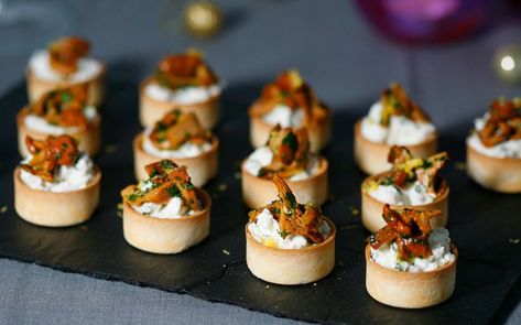 <p>This simple canapé will wow guests without giving you hours of work to do in the kitchen. It’s great for drinks parties and will stay fresh for a couple of hours if you want to get ahead or take to a friend’s. Next time try varying the mushrooms or herbs you use. This will quickly become a party staple!</p> Canapes Catering, Fancy Appetizer Recipes, Canapes Recipes, Goat Cheese Recipes, Wild Mushroom, Pub Food, Catering Food, Tiny Food, Fine Food