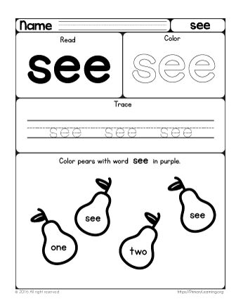 With this worksheet, kids in preschool will start to learn the sight word see. They will read and write it, color and decorate. Lots of work from memorization to tactile experience. Get all preschool sight word worksheets and get ready to read! Looking for more hands-on activities? Check these See Worksheet, Pre Primer Sight Words, Preschool Sight Words, The Sight Word, Writing Sight Words, Cvc Words Kindergarten, Homeschool Preschool Curriculum, Free Preschool Worksheets, Nonsense Words