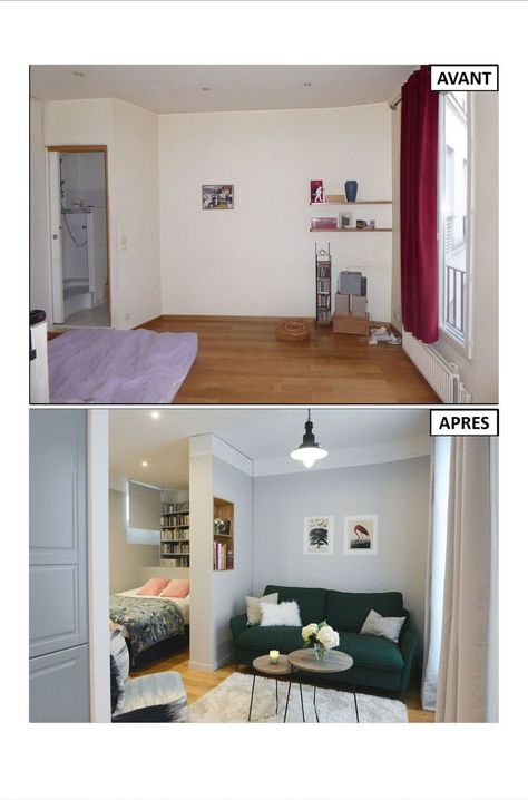 Appartement Paris 9 : rénovation studio de 28 m2 avec chambre - Côté Maison Plan Studio, Small Studio Apartment Decorating, Bed Back Design, Studio Apartment Living, Flat Decor, Small Apartment Interior, Deco Studio, Minimalist Apartment, Apartment Layout