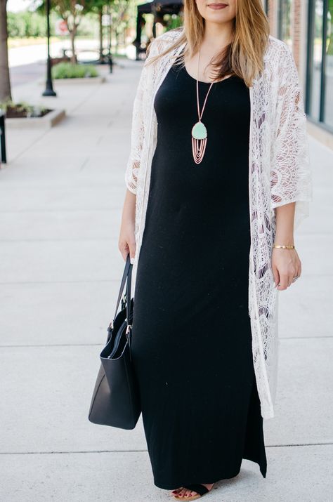 Maxi Dress Kimono Outfit | By Lauren M Navy Lace Kimono Outfit, Bodycon And Kimono Outfit, Lace Cardigan With Dress, Lace Kimono With Dress, Kimono Over Dress Outfits, Lace Kimono Outfit Summer, Long Kimono Outfit With Dress, Long Kimono Outfit Dressy, Dress Kimono Outfit