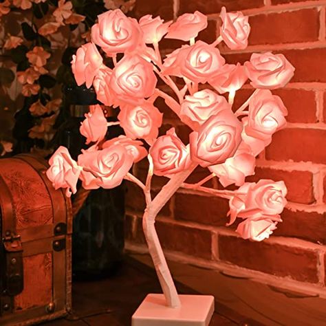 Snokip Rose Flower Tree Lamp, 32 Led Rose Table Lamp Gift for Girls Woman Teens Home Decor Battery Powered for Bedroom Living Room Party Wedding Christmas Valentine's Day Decor Rose Lamp Shade, Tree Lamp, White Light Bulbs, Flower Tree, Valentine's Day Decor, Rose Trees, Soft Rose, Artificial Roses, Gift For Girls