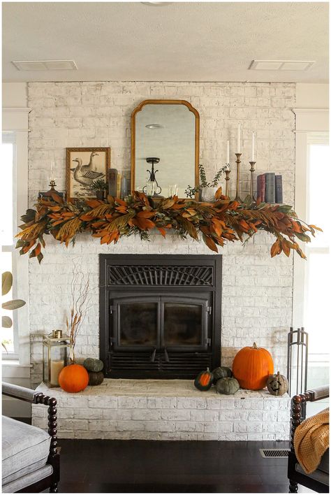 Dried Floral Fall Fireplace Decor Fall Pumpkin Mantle Decor, Autumnal Fireplace Decor, Thanksgiving Decorations Fireplace, Old Fireplace Decor, Decorating Ideas For Fireplace Mantel, Thanksgiving Fireplace Decor, Fall Fireplace Decor Mantles, Rental Diy, Autumn Mantle