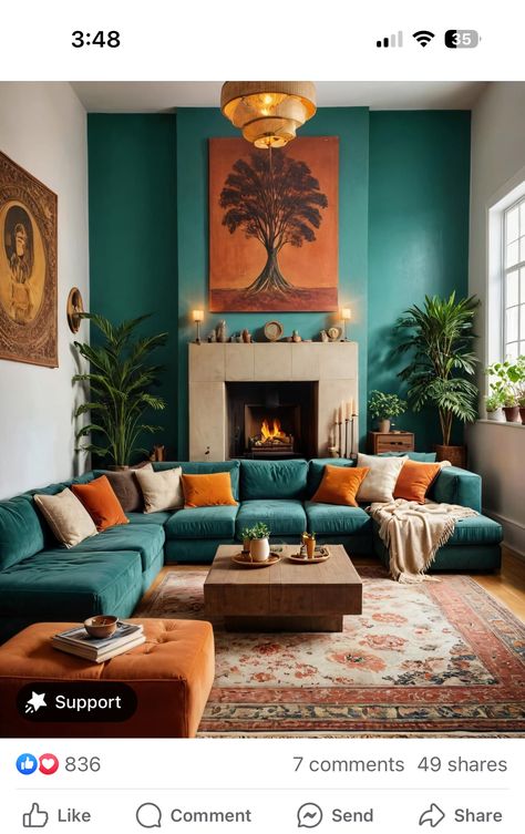 Ochre And Teal Living Room, Orange And Teal Aesthetic Living Room, Copper Teal Color Scheme, Sunset Living Room Aesthetic, Teal Lounge Ideas Living Rooms, Rust And Teal Living Room, Teal And Copper Living Room, Teal And Red Living Room, Teal Fireplace