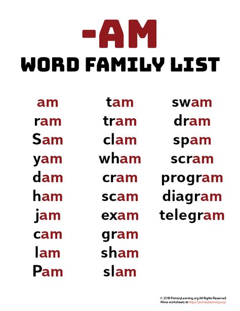 Using word families can help teach beginning spellers that words contain and share patterns. Use this word family list to introduce the sound of words ending with AM. #worksheets #printables #phonics #wordfamily Flan, Am Word Family, Word Family List, Teaching Vowels, Phonics Reading Passages, Phonics Chart, Phonics Posters, Word Family Worksheets, English Phonics