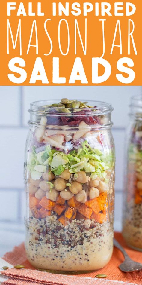 These Fall Inspired Mason Jar Salads are easy to assemble and great for meal prep lunches! They're packed with protein, veggies, vitamins and nutrients. The creamy apple cider vinegar dressing gives these salads a cozy feel, the sweet potato, apples and cranberries add sweetness and the quinoa, chickpeas and brussels sprouts bulk it up. Enjoy this fresh autumn recipe that will fill you up and make you feel good! #masonjarsalad #fallharvestsalad #mealprep #veganlunch #glutenfree Whole 30 Mason Jar Salads, Fall Mason Jar Salads, Mason Jar Salads For A Week, Creamy Apple Cider, Salad In A Mason Jar, Mason Jar Recipes, Apple Cider Vinegar Dressing, Jar Salad Recipes, Cider Vinegar Dressing