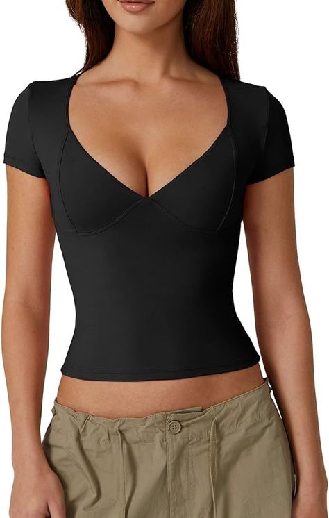 QINSEN Women's V Neck Short Sleeve T Shirts Double Lined Tee Seamed Cup Going Out Tops Sweetheart Neckline Top, Silk T Shirt, Cropped Tops, Going Out Tops, Crop Top Shirts, Look Chic, Summer Tops, Shirts & Tops, Workout Tops