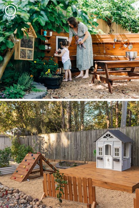 Outdoor play space essentials - Little Lifelong Learners Outdoor Play Spaces Small Yard, Garden Cubby House, Natural Playscapes Diy, Toddler Friendly Backyard Ideas, Reggio Emilia Outdoor Spaces, Toddler Patio Play Areas, Diy Outdoor Toddler Play Area, Small Play Area Outdoors, Toddler Yard Play Area