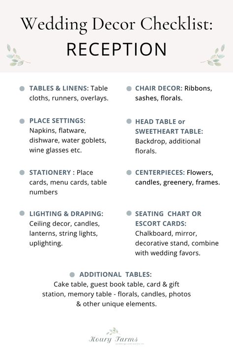 Don't forget a thing with this ultimate wedding reception decor checklist. These list out all the decor items you will need for a wedding reception. Read the full post to learn more and also grab the wedding reception decor checklist too! We are here to make wedding planning as easy as possible so that you have a stress free wedding! Wedding Reception Decor Checklist, Simple Wedding Reception Decorations Table, What Tables Do You Need At A Wedding, Reception Diy Decorations, Miscellaneous Wedding Things, Wedding Decor Essentials, Decor List For Wedding, Reception Signs Wedding, Wedding Decoration List