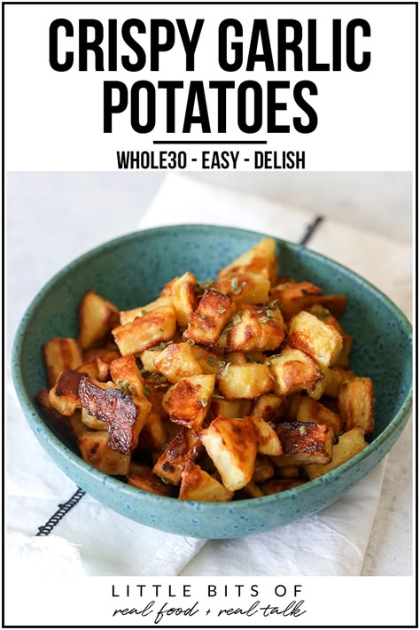 Whole 30 Potatoes, Garlic Potatoes Recipe, Oven Roasted Sweet Potatoes, Crispy Garlic, Sweet Potato Toast, Whole 30 Diet, Garlic Potatoes, Okay Okay, Feel Good Food