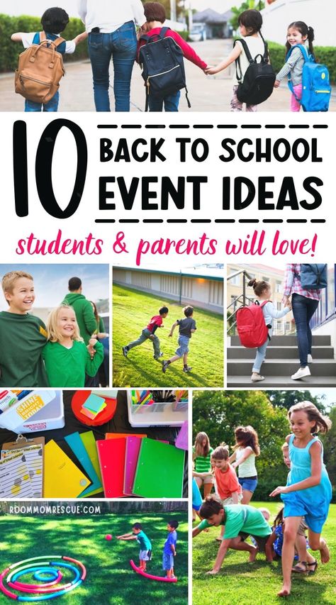 One of the best things about back to school events is that there are countless options to choose from! So, there's no doubt that your school can find an event idea that is the best fit for its school size, unique students, and budget. Get the best ideas for starting up school programs, PTA school planning and coordinating school events at roommomrescue.com! Back To School Cookout Ideas, Pta First Day Of School Ideas, Back To School Pta Ideas, Pto Back To School Event, Back To School Resident Event, Home And School Association Ideas, Back To School Bash Activities, Community School Coordinator, Pta Back To School Night Ideas