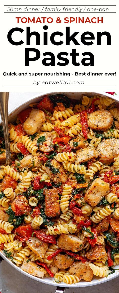 Tomato Spinach Chicken Pasta Recipe - #chicken #pasta #recipe - Give this tomato spinach chicken pasta recipe a try anytime you are craving comfort food! - #recipe by #eatwell101® Tomato Spinach Chicken Pasta, Spinach Chicken Pasta, Chicken Tomato Pasta, Rotini Pasta Recipes, Chicken Recipes With Tomatoes, Spinach Tomato Pasta, Tuscan Salmon, Spinach Pasta Recipes, Chicken Spinach Pasta