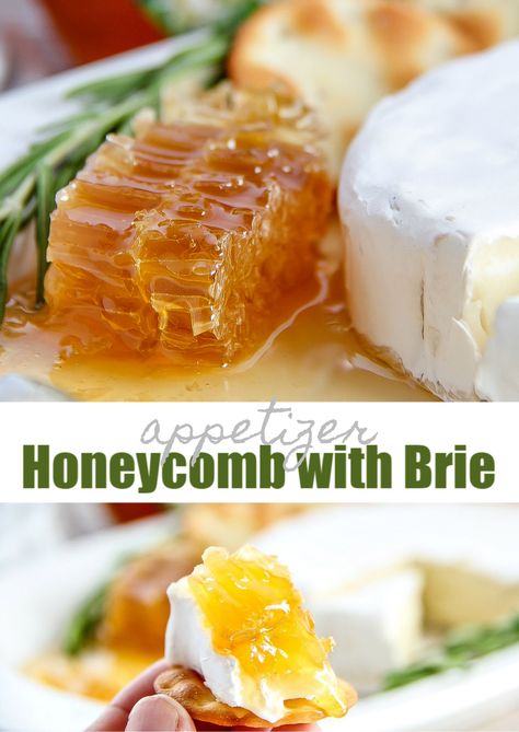 A quick and easy honeycomb with Brie and crackers appetizer plate for entertaining at home. Brie With Honeycomb, What To Do With Honeycomb, Brie And Honeycomb, Honey Themed Party Food, Honey Themed Charcuterie Board, Honey Party Food, Honeycomb Charcuterie Board, Honey Comb Charcuterie, Bee Themed Brunch