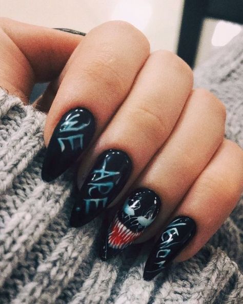 Marvel Acrylic Nails, Venom Nail Art, Marvel Nails Designs, Marvel Nail Art, Venom Nails, Aries Nails, Avengers Nails, Marvel Nails, Disney Acrylic Nails