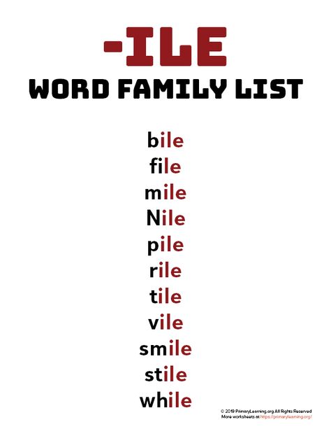 Using word families can help teach beginning spellers that words contain and share patterns. Use this word family list to introduce the sound of words ending with ILE. #worksheets #printables #phonics #wordfamily Word Family List, Words Family, Phonics Blends, Word Family Worksheets, Phonics Rules, Teaching Spelling, Preschool Reading, Phonics Sounds, English Phonics