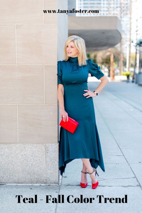 Teal | Fall Color Trend #fallfashion #teal #dresses Dark Teal Dress Outfit, Teal Dress Outfit, Classy Black Outfits, Dark Teal Dress, Fall Color Trend, Teal Dresses, Sweater Outfits Fall, Us Fashion, Perfect Little Black Dress