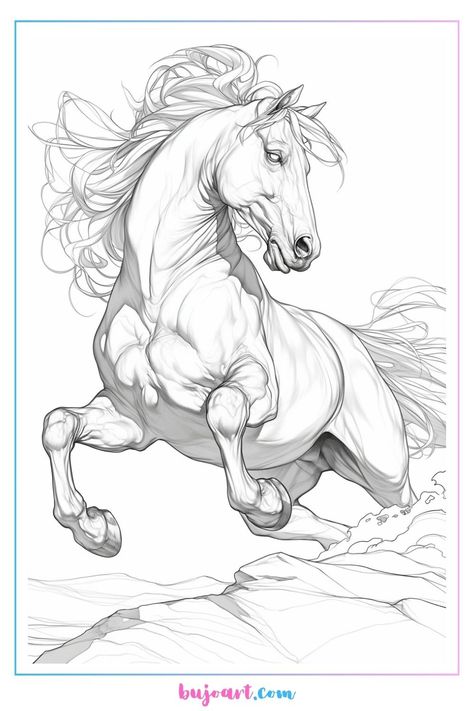 Horse Head Drawing Reference, Horse On Hind Legs Drawing, Horse Tattoo Realism, Horse Hair Drawing, Horse Bucking Drawing, Rearing Horse Drawing, Horse Tattoo Design Sketches, Horse Head Reference, How To Draw Horse