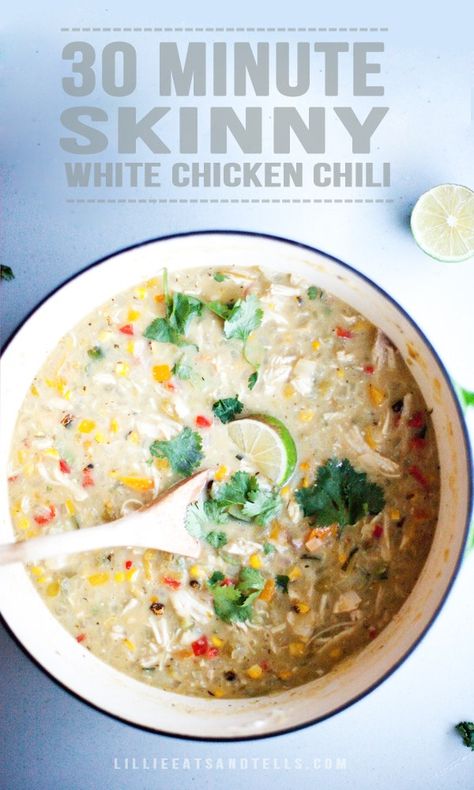 Healthy Chicken Chili, Lillie Eats And Tells, White Chicken Chili Recipe Crockpot, Chicken Chili Crockpot, Low Carb Low Fat, Rotisserie Chicken Breast, Crockpot White Chicken Chili, Creamy White Chicken Chili, White Chili Chicken Recipe