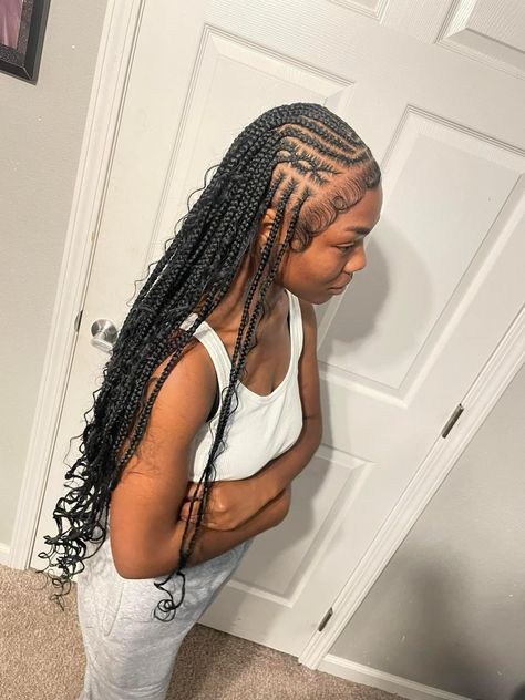 Bohemian Fulani Braids With Curls, To The Back Braids, Braids School, Funali Braids, Curly Braided Hairstyles, Braided Hairstyles For Black Women Cornrows, Sleek Ponytail Hairstyles, Braided Hairstyles For Teens, Feed In Braids Hairstyles